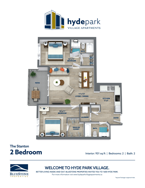 Floor plan for 2 beds, 2 baths, 931 sqft